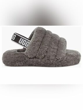 UGG Plush Shearling Slide with Branded Elastic Strap - Grey